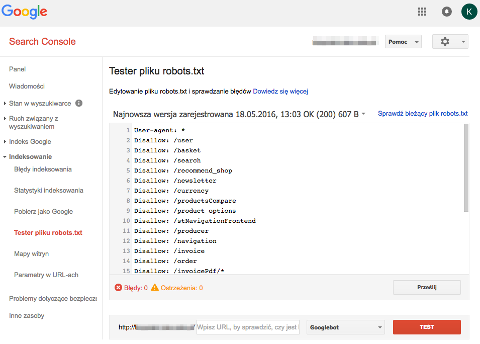 Sprawdzanie pliku robots.txt poprzez Search Console